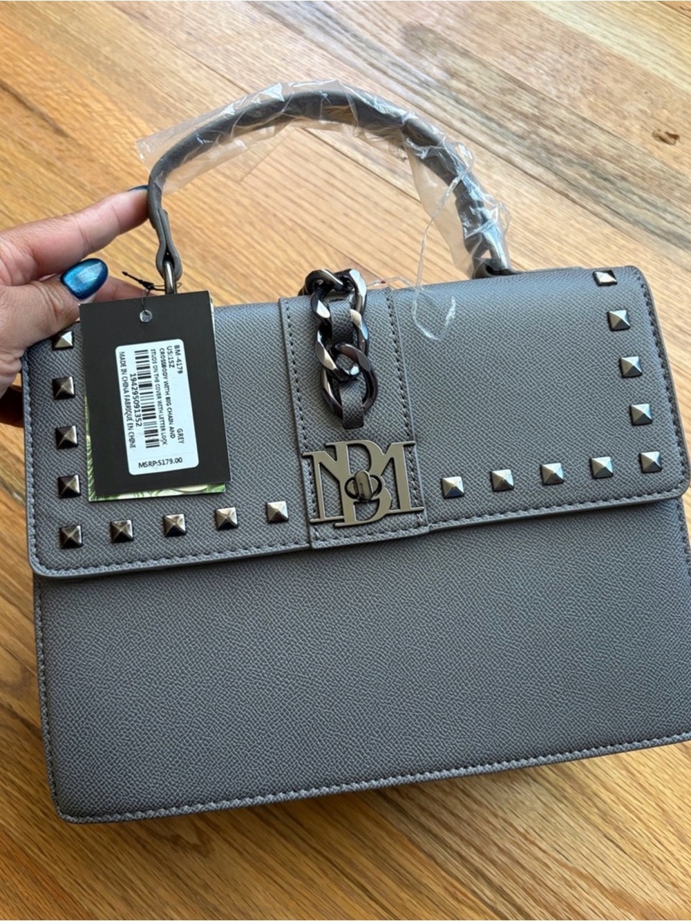 Badgley Mischka Grey Studded Top-Handle Satchel with Chain Accent